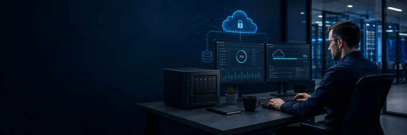 IT-Techniker kontrolliert die Datensicherung am Bildschirm